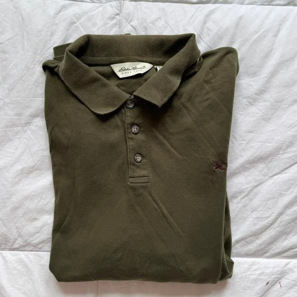 eddie Bauer Olive green soft long sleeve polo shirt XXL grunge preppy academia